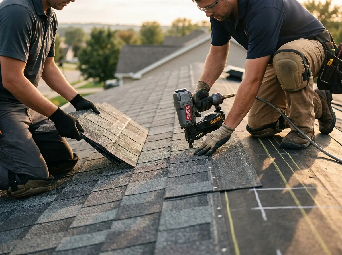 Professional roofer working on a residential roof in Jericho